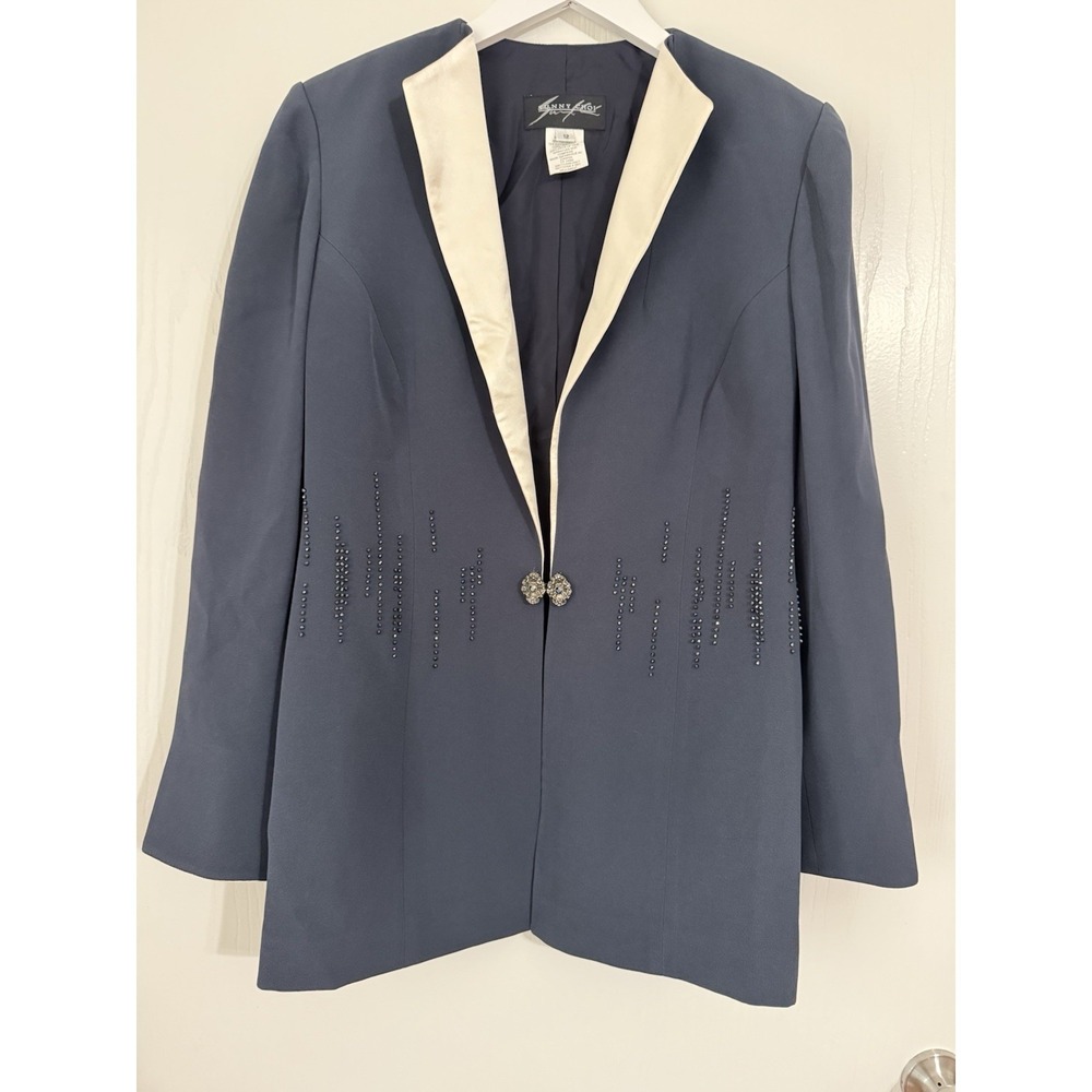 Sunny Choi Vintage Beaded Navy Blazer With White Silk Trim Size 12